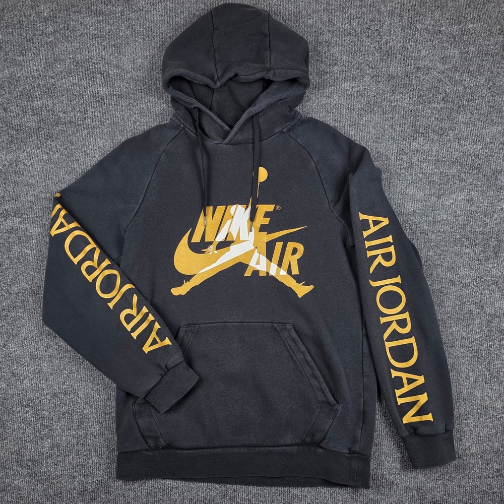 Nike Jordan Air Jumpman Hoodie Mens S Black Gold Classic Fleece Pullover Graphic